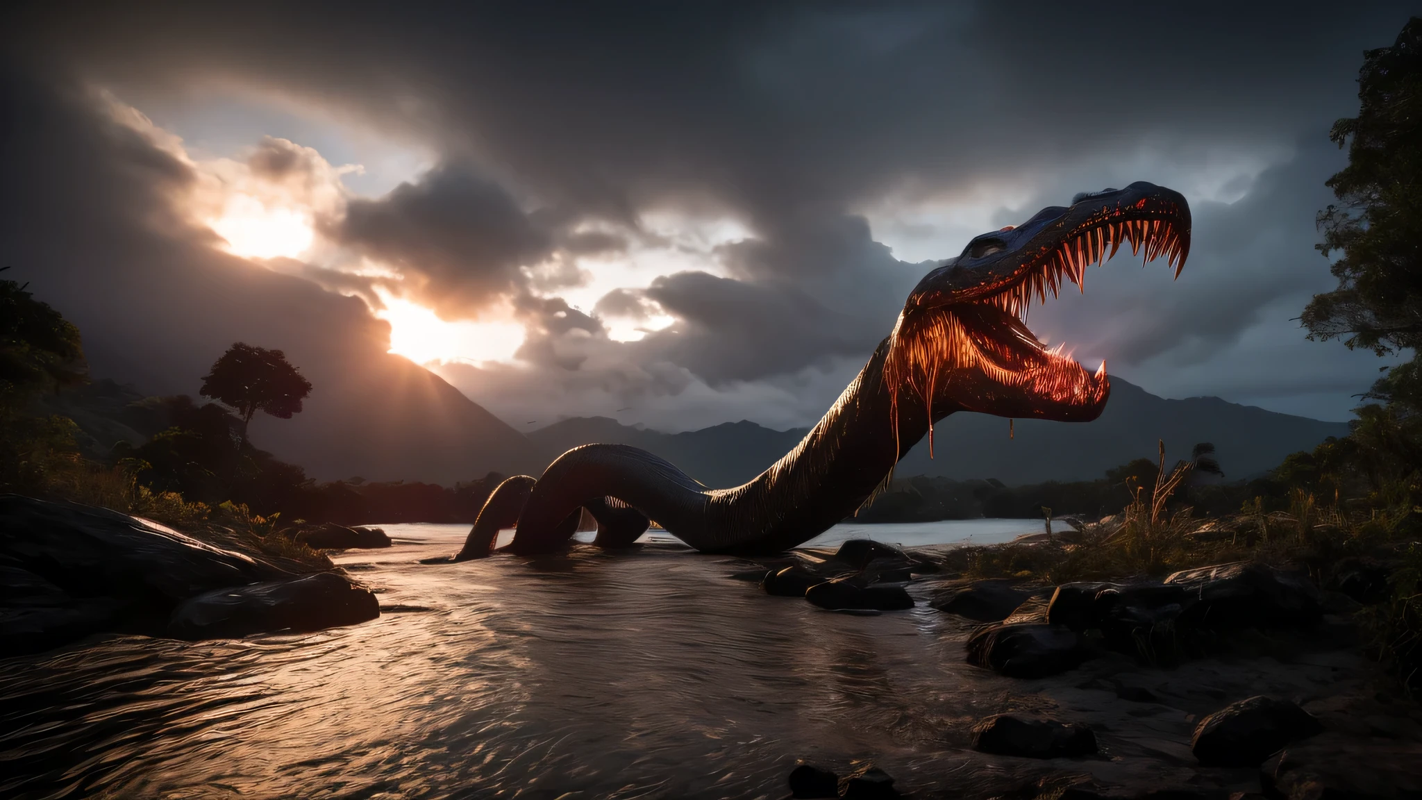 One dark and stormy night in the dense jungle of an ancient and forgotten land, a giant snake emerges stealthily from the depths of a dark and murky lake. Its serpentine body writhes in ominous spirals as it glides silently toward the shore, its scales glowing with a sinister glow under the light of the full moon. The creature, with fiery eyes and an open jaw, displays rows of sharp, venomous teeth. In its open mouth, you can see remains of its last prey, human bodies twisted and contorted in a bath of terror and despair. Around them, the air is charged with an aura of danger and death, as the sounds of the muffled screams of the snake's trapped victims fill the night with palpable terror. en lake atitlan guatemala, 4k,