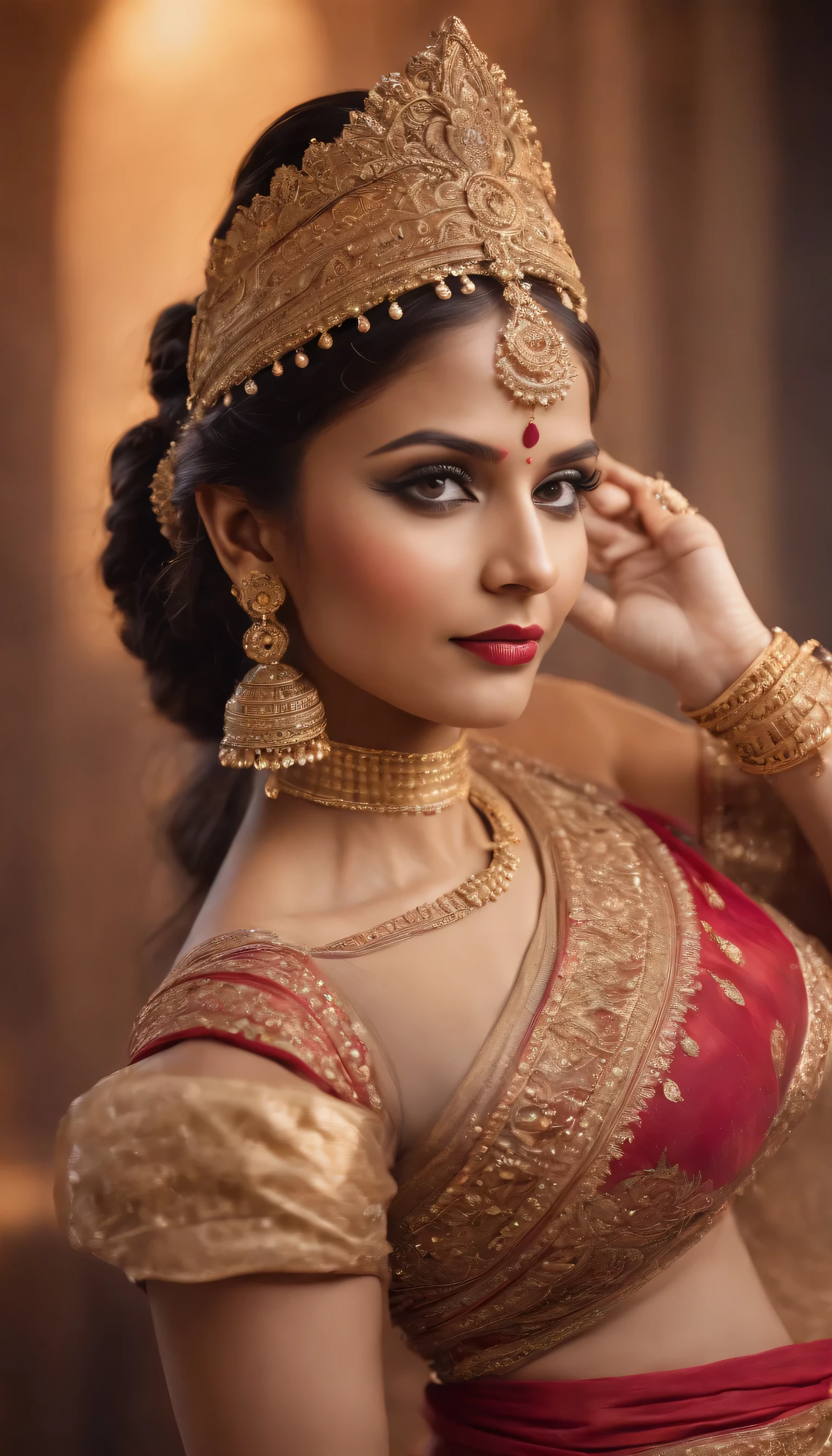 A mechanical Indian dancer,Metal color scheme,Highly detailed face and body,Sparkling eyes and vibrant makeup,ornate jewelry,Smooth and elegant movements,traditional Indian clothing,Gears and clockwork mechanisms are widely used,Ethereal backdrop with hints of Indian architecture,Professional studio lighting(Best quality:1.2),Dramatic shadows and highlights,Elegant and complex dance poses,Contrasting colors and textures,Technology blends with traditional art