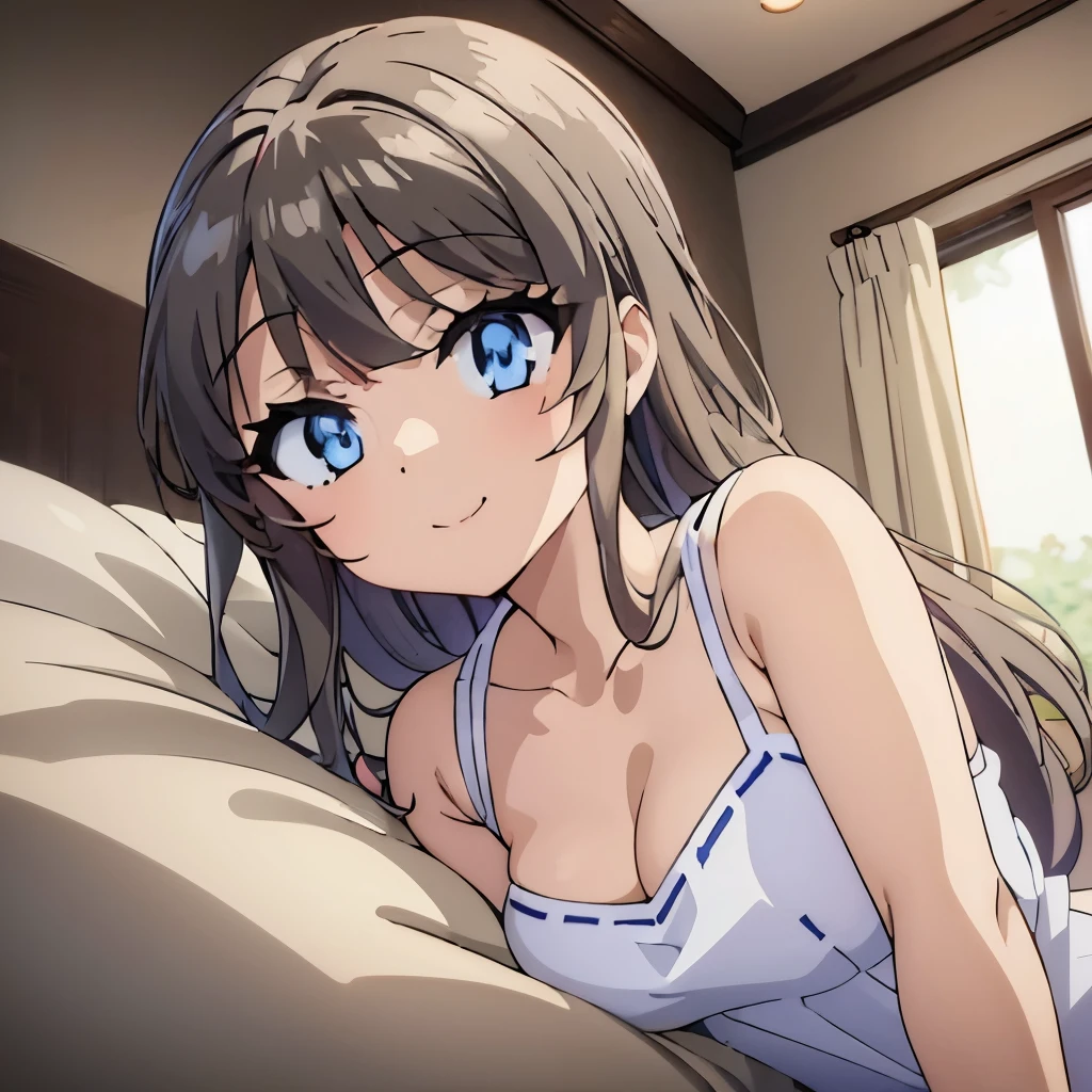 ((masterpiece)), ((best quality)), (ultra-detailed), anime style, look up from below, on the bed, a cute girl, 1girl, solo, underwear00, ((beautiful eyes)), small breast, smile