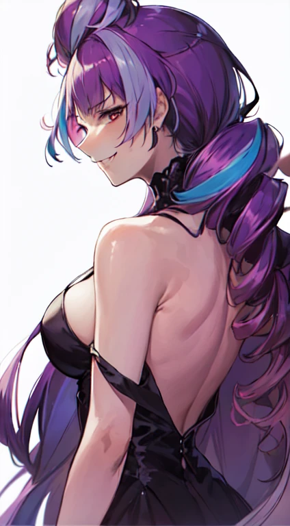 (((1 demon girl))), ((detailed blue eyes)), ((long silver hair)), large breasts, perfectly drawn body, seductive smile, narmaya, perfect butt, rear view, backside view, best quality, masterpiece, ultra-detailed