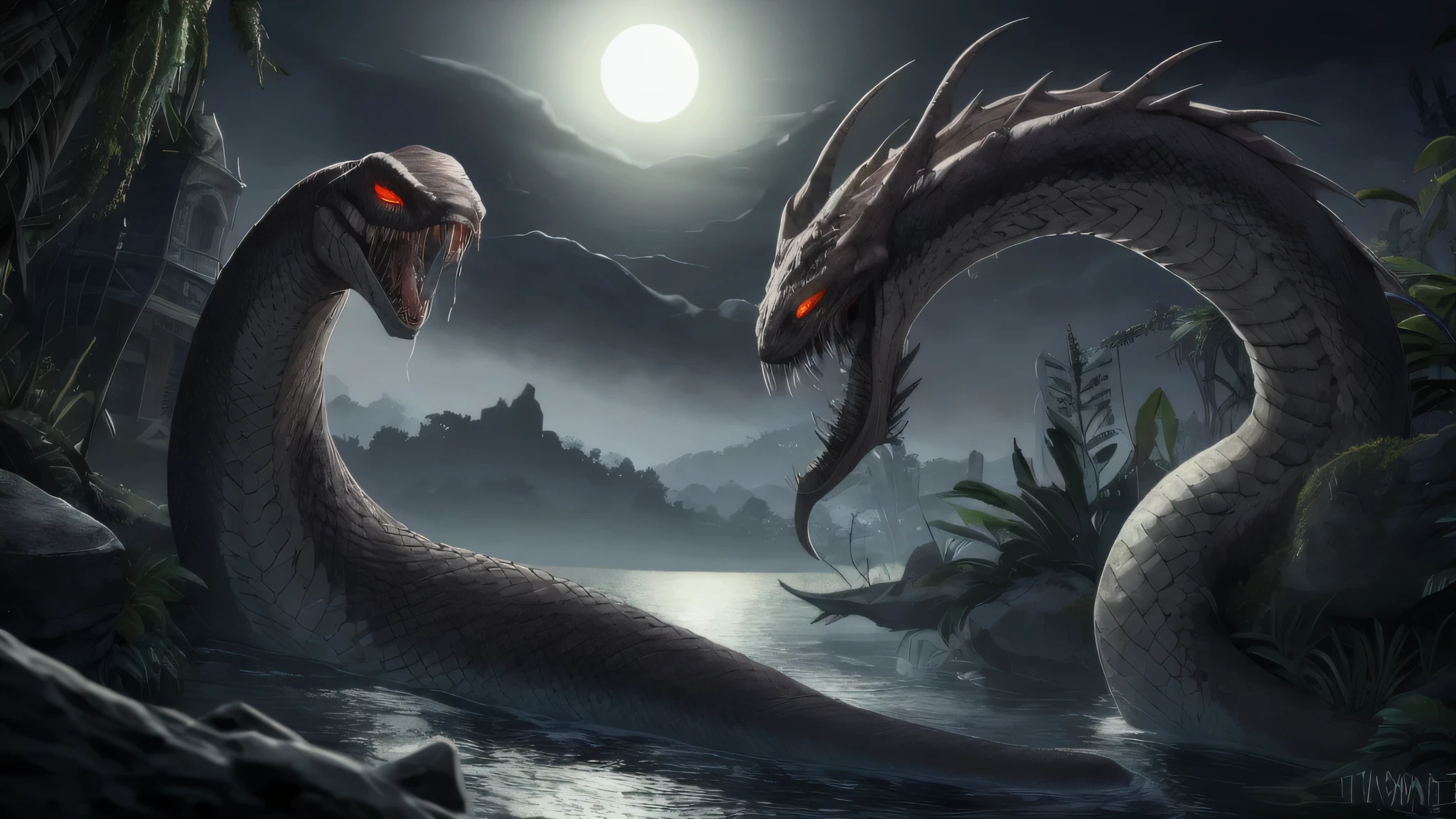 One dark and stormy night in the dense jungle of an ancient and forgotten land, a giant snake emerges stealthily from the depths of a dark and murky lake. Its serpentine body writhes in ominous spirals as it glides silently toward the shore, its scales glowing with a sinister glow under the light of the full moon. The creature, with fiery eyes and an open jaw, displays rows of sharp, venomous teeth. In its open mouth, you can see remains of its last prey, human bodies twisted and contorted in a bath of terror and despair. Around them, the air is charged with an aura of danger and death, as the sounds of the muffled screams of the snake's trapped victims fill the night with palpable terror. en lake atitlan guatemala, 4k,