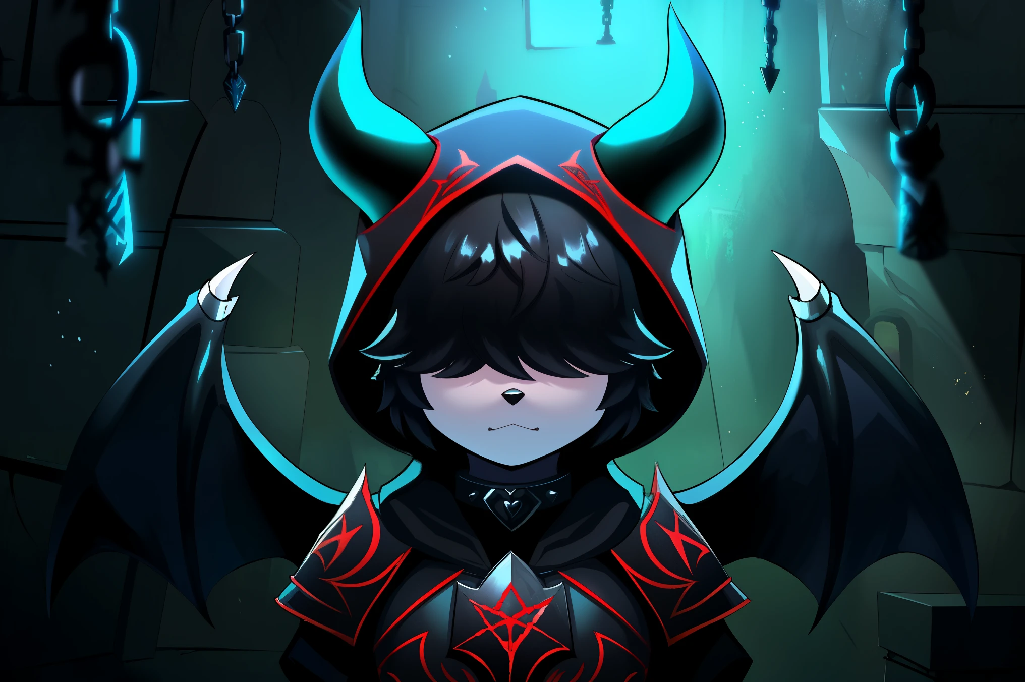 ((fox)), male, feminine body, (solo), fluffy hair, ((hair over eyes), black hair, short hair, twintail hair, ((fluffy body)), black fox tail, black fox ears, ((black devil wings)), ((black devil horns)), ((red infernal armor)), ((hood up)), spike collar, standing, up close, dark blue atmosphere, ((dark room)), ((dungeon)), chains, candles, demonic sigil, up close, Very good figure, cinematic lighting, volume lighting, masterpiece, super detail, high quality, best quality, highres, 16k