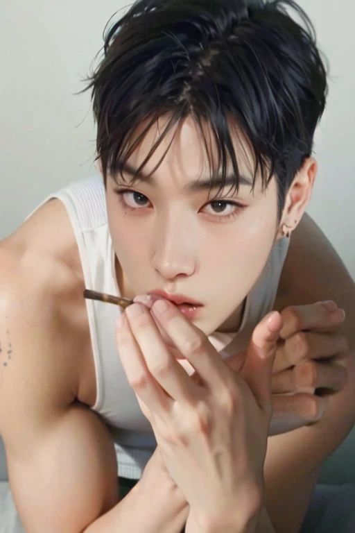 Hombre arafed con un cigarrillo en la boca y una camiseta blanca., Cai Xu Kun, jungkook, hyung tae, kim taejin, Shinji, por Tadashi Nakayama, estilo de hajime isayama, inspirado en Gang Se-hwang, yanjun chengt, taehyung comiendo papas fritas gucci, jinyoung shin, inspirado en Kun Can, Kpop male idol, rostro de chico coreano, bts jungkook, jeon jungkook idol.