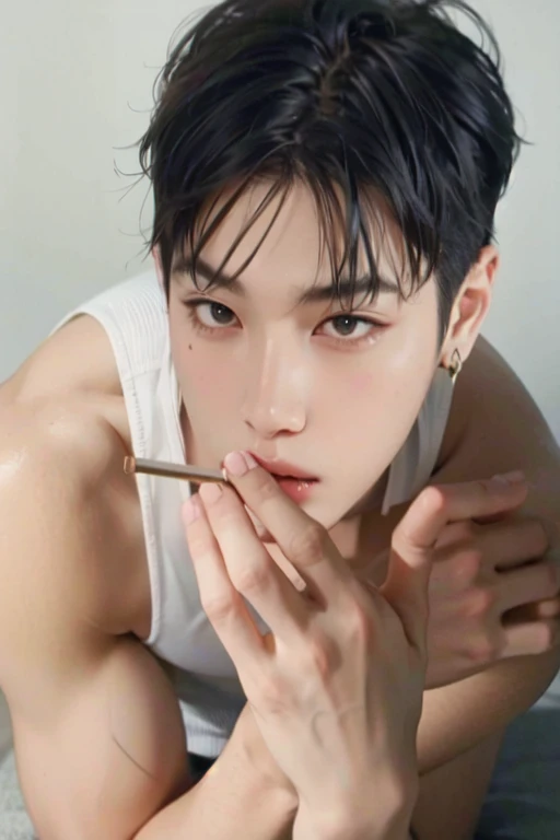 Hombre arafed con un cigarrillo en la boca y una camiseta blanca., Cai Xu Kun, jungkook, hyung tae, kim taejin, Shinji, por Tadashi Nakayama, estilo de hajime isayama, inspirado en Gang Se-hwang, yanjun chengt, taehyung comiendo papas fritas gucci, jinyoung shin, inspirado en Kun Can, Kpop male idol, rostro de chico coreano, bts jungkook, jeon jungkook idol.