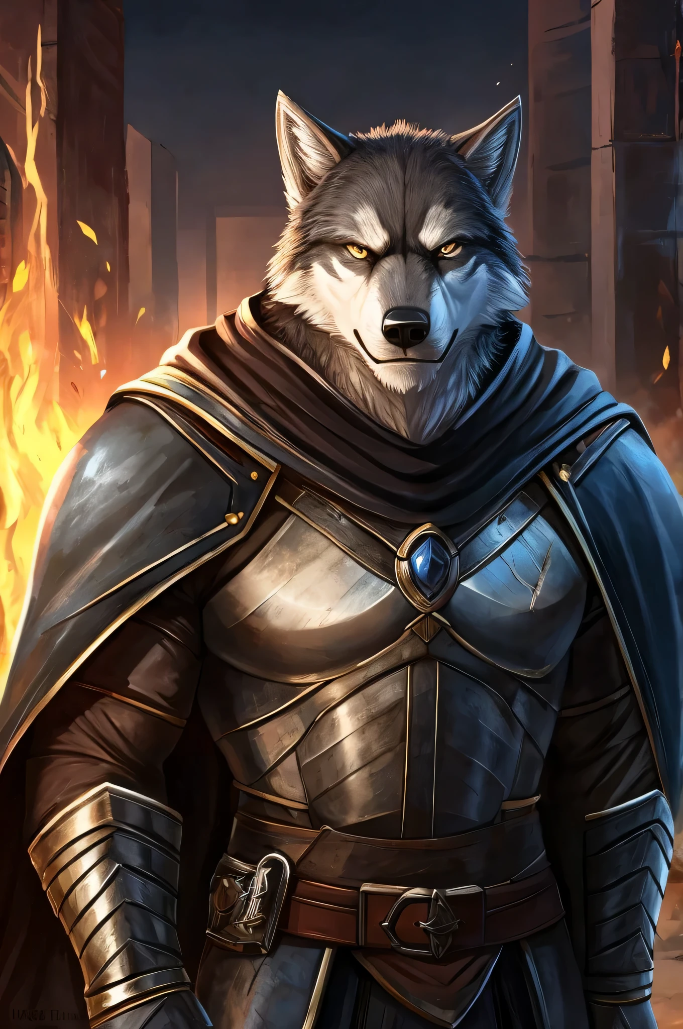 Garru has an imposing figure and a muscular body，This shows his strength and leadership。. His face shows a combination of human and wolf features.: Have a strong square jaw, Pointy wolf ears stick out from the messy hair，bright eyes full of determination. Its dark grey fur is adorned with lighter markings..，highlight its fur., He has visible scars on his face and arms...., Witnesses of the battles he endured.

Clothes that suit you, Can wear basic armor made of leather and metal, Shows signs of use and maintenance. when he led the uprising，He can also wear a long flowing cloak behind him., Add a touch of drama to your look.

Judging from facial expressions, Jialu&#39;The expression is firm and resolute, The frown shows his determination and concern for his people&#39;reason. 