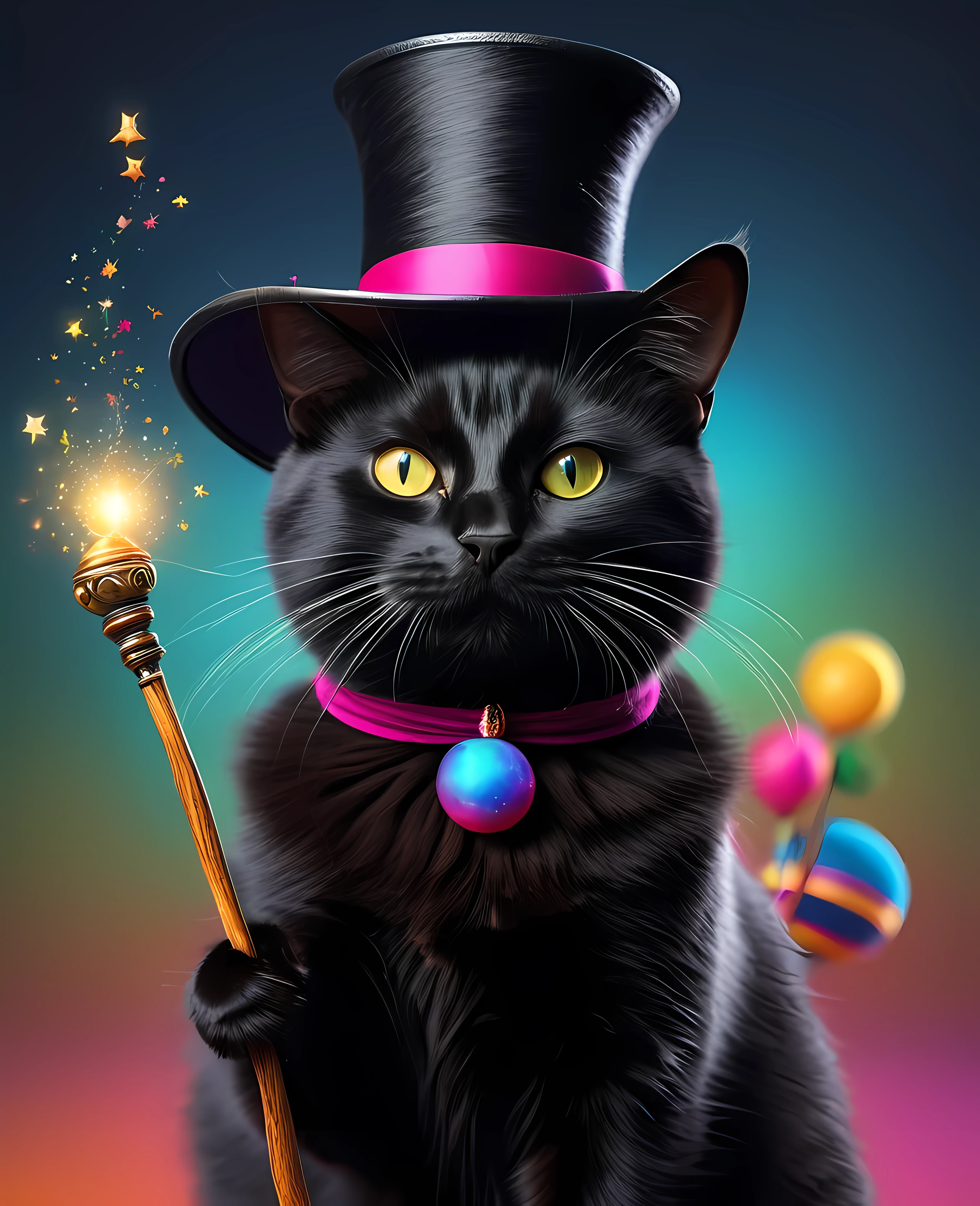 (Melhor qualidade,4K,8k,high resolution,obra de arte:1.2),ultra-detalhado,(realista,photorealista,photo-realista:1.37),whimsical illustration,Black cat like a magician,Use uma cartola,Hold a magic wand,Rodando,colorful spells,Encantamentos pulando