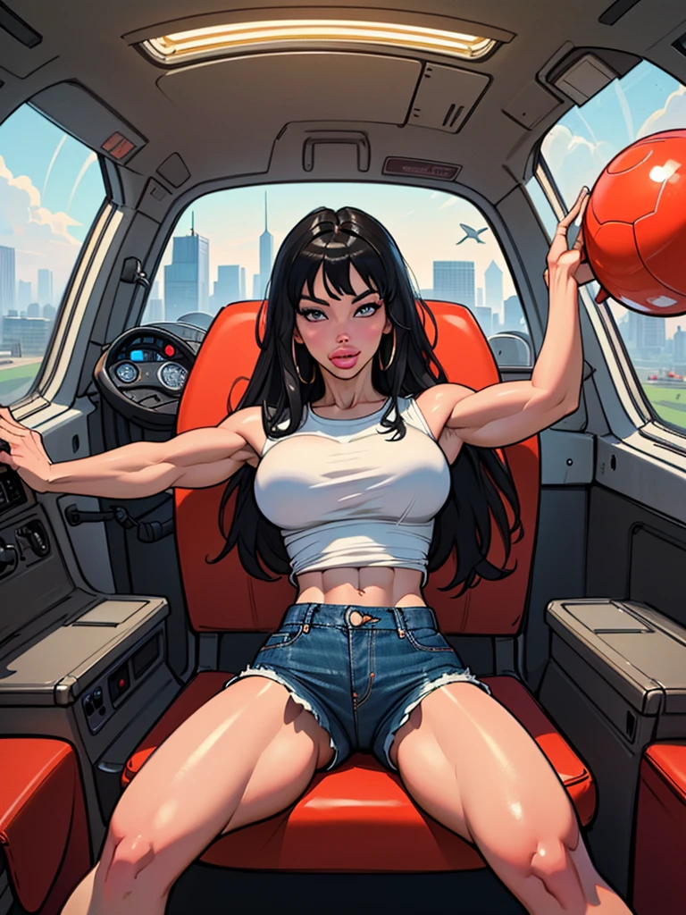 ((Highest image quality)), long black hair, (Illustration of a girl), full body, 25 years old, (neutral)), Brown eyes, ( tall)), (Muscular and strong body)), ((Muscular and thick body)), ((Open legs:1.50)), (((jeans shorts)), (red sleeveless t-shirt), ((inside the spaceship, Sitting in the captain's seat)), (outside the window, city), wide shot, ((masterpiece)), (((Best quality)), 8k, high quality, best quality, award winning, masterpiece, 8k, 16k, HD, 1080P, highres, ccurate