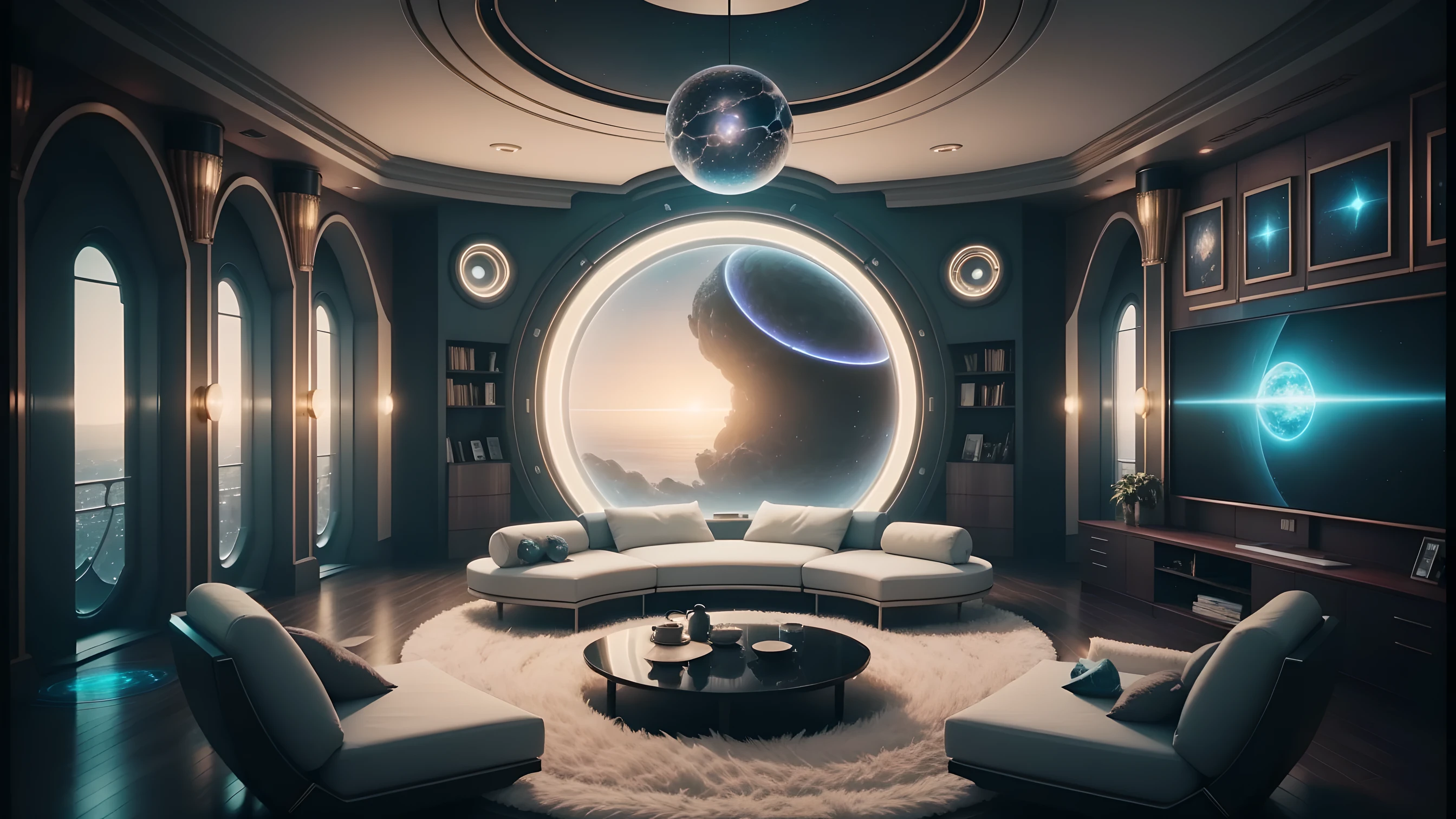 arafed room with a circular couch and a round table, futuristic room background, cgsociety 9, futuristic room, retro futuristic apartment, futuristic decor, futuristic. game cg, futuristic interior, sci - fi interior, photorealistic room, fantasy space, cozy 9 0 s bedroom retrofuturism, galaxy themed room, unreal engine cinema4d, realistic space, futuristic decoration