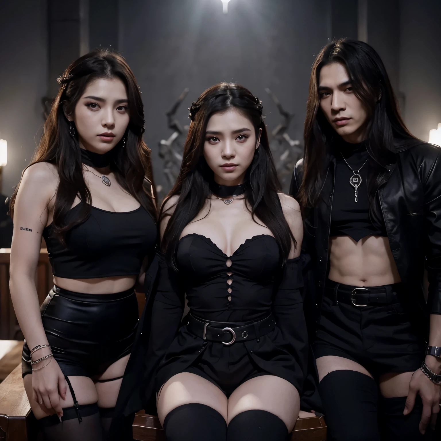 Group of busty Korean sluts, blonde short hair, tattoos, jewelry , goth, crown, bones, darkness, onlyfans, piercing, black , night, 666, demon, red lips, queens, goddesses, mistresses, jewelry in nose, seductive look, attractive pose, colossal breast, chain, earrings, grey lips color, blood, perfect body, collars and chains on neck, various colors of hair, tits out, gigantic breasts, perky tits, darkly, emo