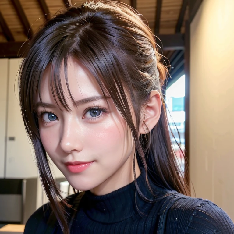 ((( outdoor、 I can see the horizon in the distance、)))、 (8K, Raw photo, highest quality, masterpiece:1.2), (realistic, photo-realistic:1.37),1 girl,cute, light smile,blue eyes, (alone),detailed face ponytail, elevation angle,
,office,looking at the viewer,throw,cyber punk