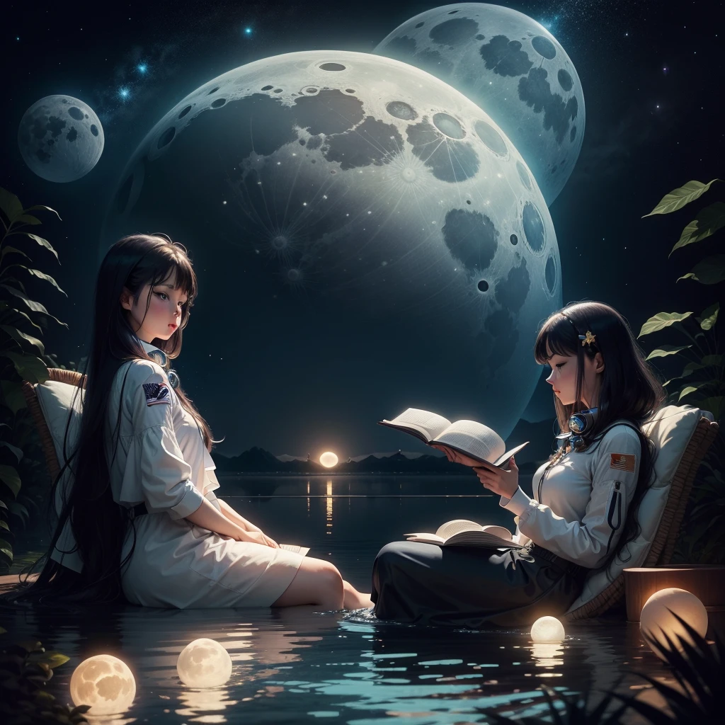 Woman sitting on a chair and reading a book among the moon, floating near the planet, Astronauts relaxing in space, Sitting on the moon, dreamy illustration, dream of space, powerful woman sitting in space, Human sleeping in a healing pod, floating in space, Inspired by Cyril Rolland, calm night. digital illustration, space girl, 3 illustrations