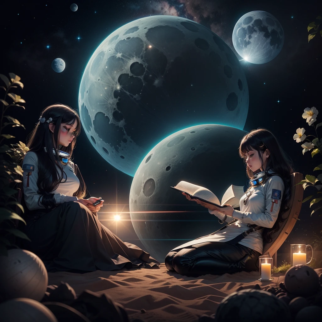 Woman sitting on a chair and reading a book among the moon, floating near the planet, Astronauts relaxing in space, Sitting on the moon, dreamy illustration, dream of space, powerful woman sitting in space, Human sleeping in a healing pod, floating in space, Inspired by Cyril Rolland, calm night. digital illustration, space girl, 3 illustrations