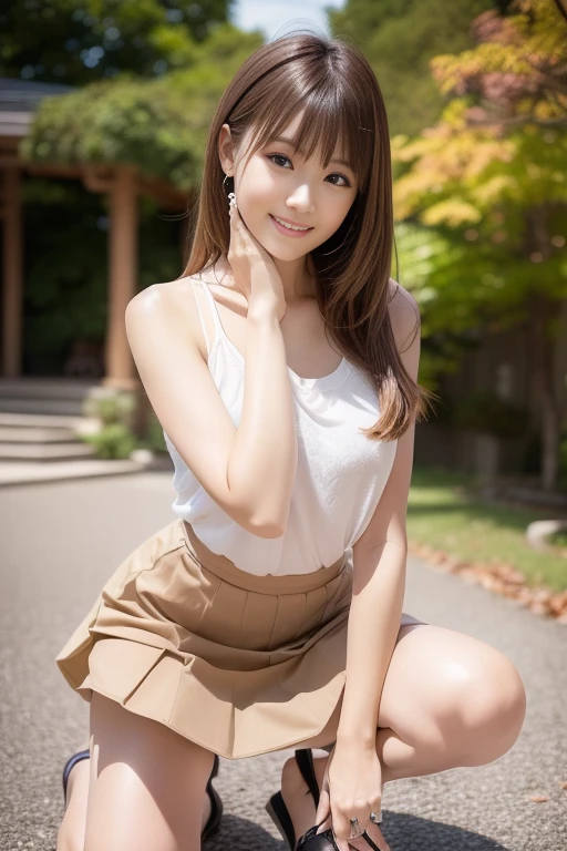 Tabletop、supreme beauty、masterpiece, 1 girl, solo, (blouse:1.2),(squat),(skirt:1.3),(White panties:1.4 (Stock Emphasis;1.3)、Slender、Natural light、 Attention to detail, Depth of written boundary, 135mm, Textured skin, Super detailed, high quality, Awards, 最high quality, High resolution, 8K, White skin,Brown Hair、Cute face、Beauty、Age 25、Per capita in Japan、Correct skeleton、Random Hairstyles、(Close your legs)、(Facing forward),smile、Thick thighs、(Panty shot:1.3)
