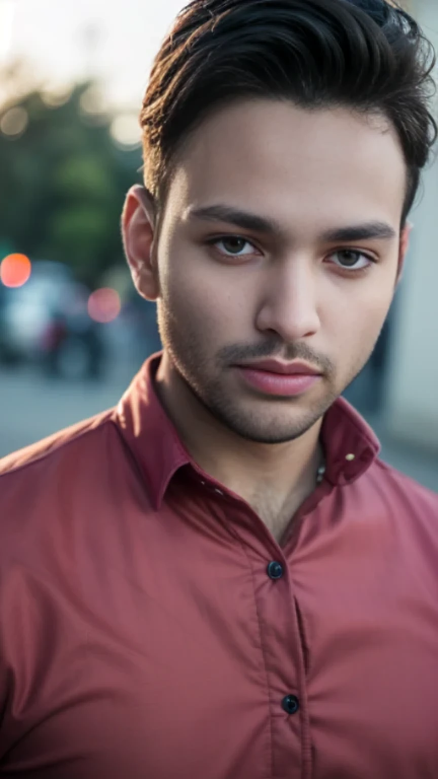 A beautiful young bearded man with highly detailed skin,8k,high res,ultra realistic, photorealism,(real life photo,realistic:1.9),best quality,ultra-detailed,professional,vivid colors,sharp focus,physically-based rendering,studio lighting,bokeh,portraits, wearing red shirt.