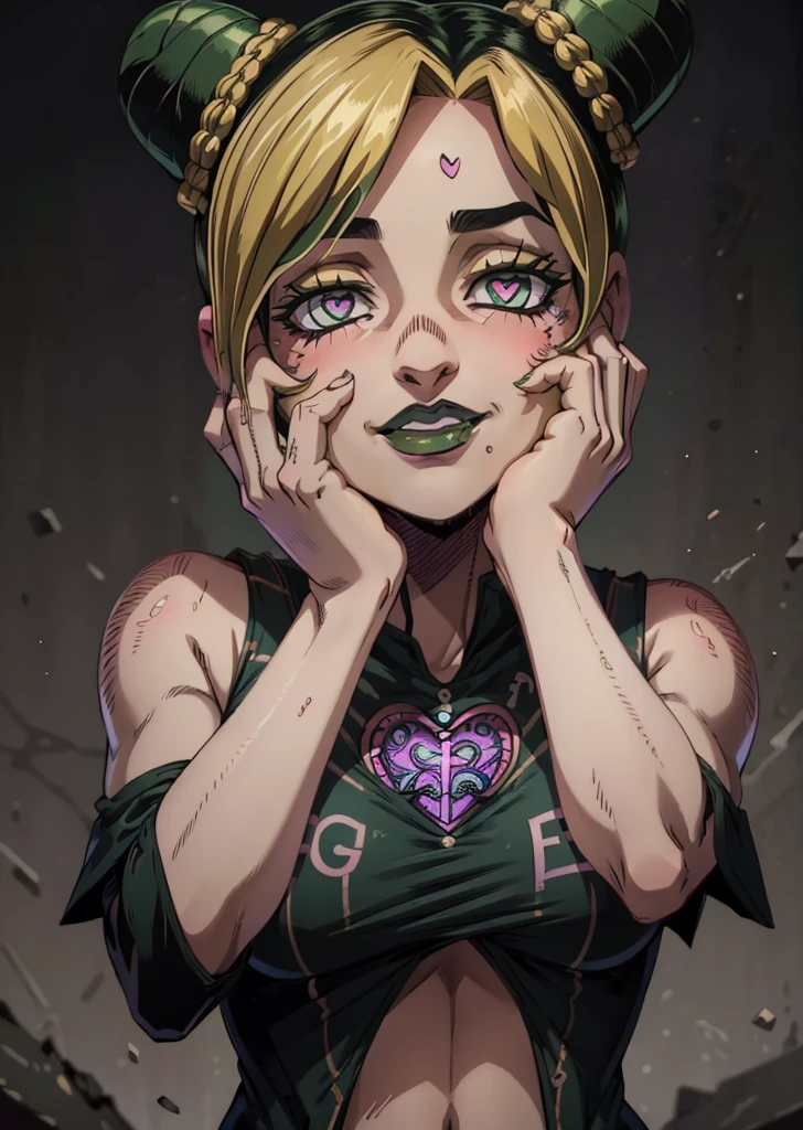(1girl jolyne cujoh), yandere trance, yandere, hands on own face, hands on own cheeks, creepy, messy bangs, short messy hair, black hair, smiling, black lipstick, wide angle, heart-shaped_pupils, tan, smoky eyes, mascara, eyeliner, blush