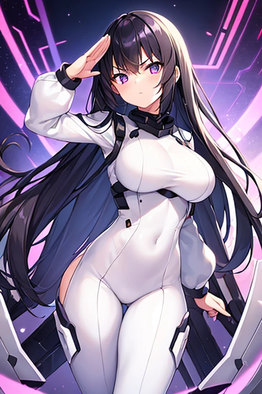 1girl, black hair, long hair, serious, salute, purple eyes, white bodysuit, bodysuit, large breasts, breasts, futuristic, tech, science-fiction, machinery