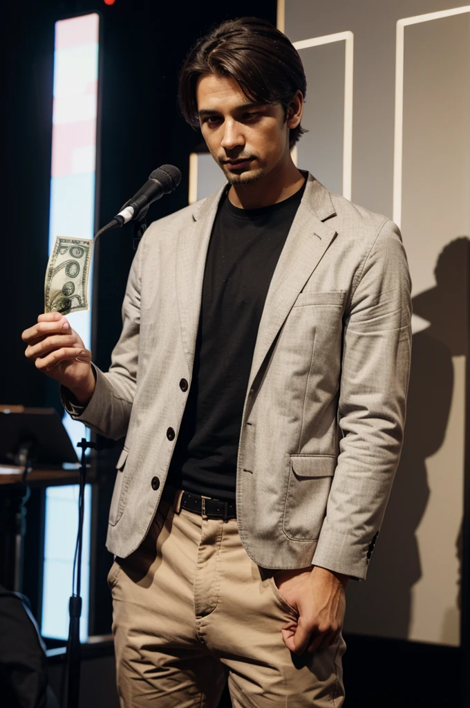 A man standing Infront of mic holding some money on his hand