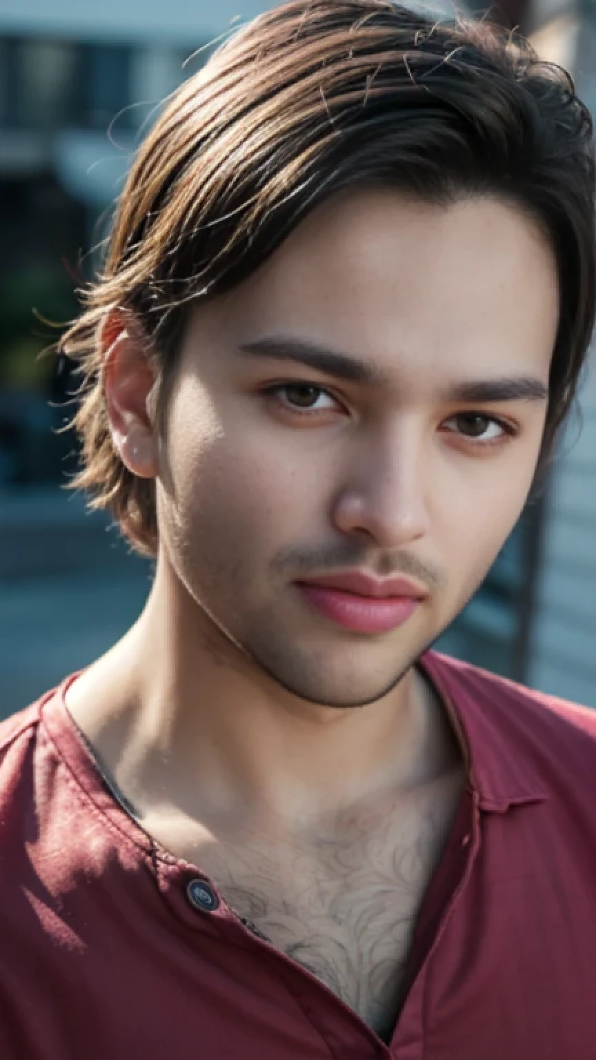 A beautiful young bearded man with highly detailed skin,8k,high res,ultra realistic, photorealism,(real life photo,realistic:1.9),best quality,ultra-detailed,professional,vivid colors,sharp focus,physically-based rendering,studio lighting,bokeh,portraits, wearing red shirt.