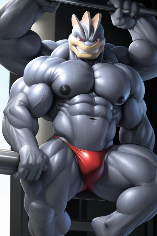 an (humanoid, 4-armed, anthro, (machamp:1.00)) at the gym(by maldu, by tojo the thief, by kusunagi, by lindong), (ultra res, masterpiece, pinup, (hanging, (with 4 arms) (on a horizontal bar, ((high above ground)))), looking at viewer:1.00), (focused expression), (solo, male, muscular humanoid), (detailed muscles, photorealistic muscles, beautiful muscles), (detailed face, photorealistic face, beautiful face), ((underbite:0.88), (teeth showing:0.60), (machamp's teeth:0.80), straight teeth, photorealistic teeth, beautiful teeth), (red eyes), (machamp's eyes, detailed eyes, photorealistic eyes, beautiful eyes, detailed iris, beautiful iris, retrace eyes), (humanoid pecs, detailed pecs, photorealistic pecs, beautiful pecs, sweaty pecs), (humanoid nipples, small nipples, detailed nipples, dark nipples:0.22, photorealistic nipples, beautiful nipples), (humanoid abs, detailed abs, photorealistic abs, beautiful abs), (humanoid navel, detailed navel, photorealistic navel, beautiful navel), (detailed biceps, photorealistic biceps), (humanoid butt, detailed butt, photorealistic butt, beautiful butt), (wearing a (solid black), (tight clothing:0.88), speedo),(arms, (((4 arms))), detailed arms, photorealistic arms, beautiful arms), (veiny muscles, veiny legs), (machamp's skin, photorealistic skin, beautiful skin), (((shaved body texture))), (sweaty, detailed sweat, photorealistic sweat), (hands, machamp's hands, humanoid fingers, dark fingernails), (feet, machamp's feet, 2 toes), photorealistic background of a (clean gym), (specular lighting, ray tracing, retrace face, retrace body, retrace eyes, shaded),