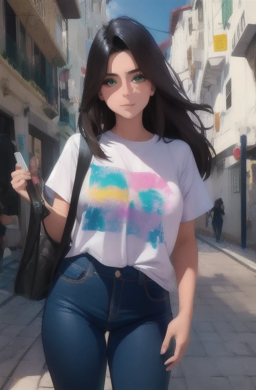 8k,gran detalle, Better resolution, (obra maestra, Mejor calidad), al aire libre, ((pechos grandes)), escote, mirando al espectador, further, jeans viejos y rotos, tie dye shirt, ombligo visible, ojos detallados, ojos color verde, gran detalle en ojos, sombra negra bajo ojos, Defined tabs, cabello negro largo y brillante, pasador rojo en el pelo, en una calle en un dia soleado.