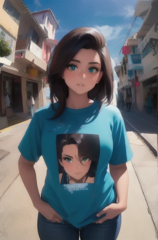 8k,gran detalle, Better resolution, (obra maestra, Mejor calidad), al aire libre, ((pechos grandes)), escote, mirando al espectador, further, jeans viejos y rotos, tie dye shirt, ombligo visible, ojos detallados, ojos color verde, gran detalle en ojos, sombra negra bajo ojos, Defined tabs, cabello negro largo y brillante, pasador rojo en el pelo, en una calle en un dia soleado.