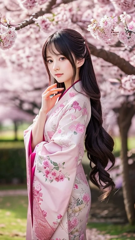 Generates a set of aesthetically pleasing anime characters against beautifully detailed backgrounds. the character should be young, elegant, And a mysterious woman with long flowing hair, Wearing a traditional kimono decorated with intricate floral patterns. She must have striking amethyst colored eyes and an air of grace. the background must be calm, A moonlit garden lined with cherry blossom trees, Throw delicate pink petals that gently fall to the ground. The scene should evoke a sense of tranquility and beauty.