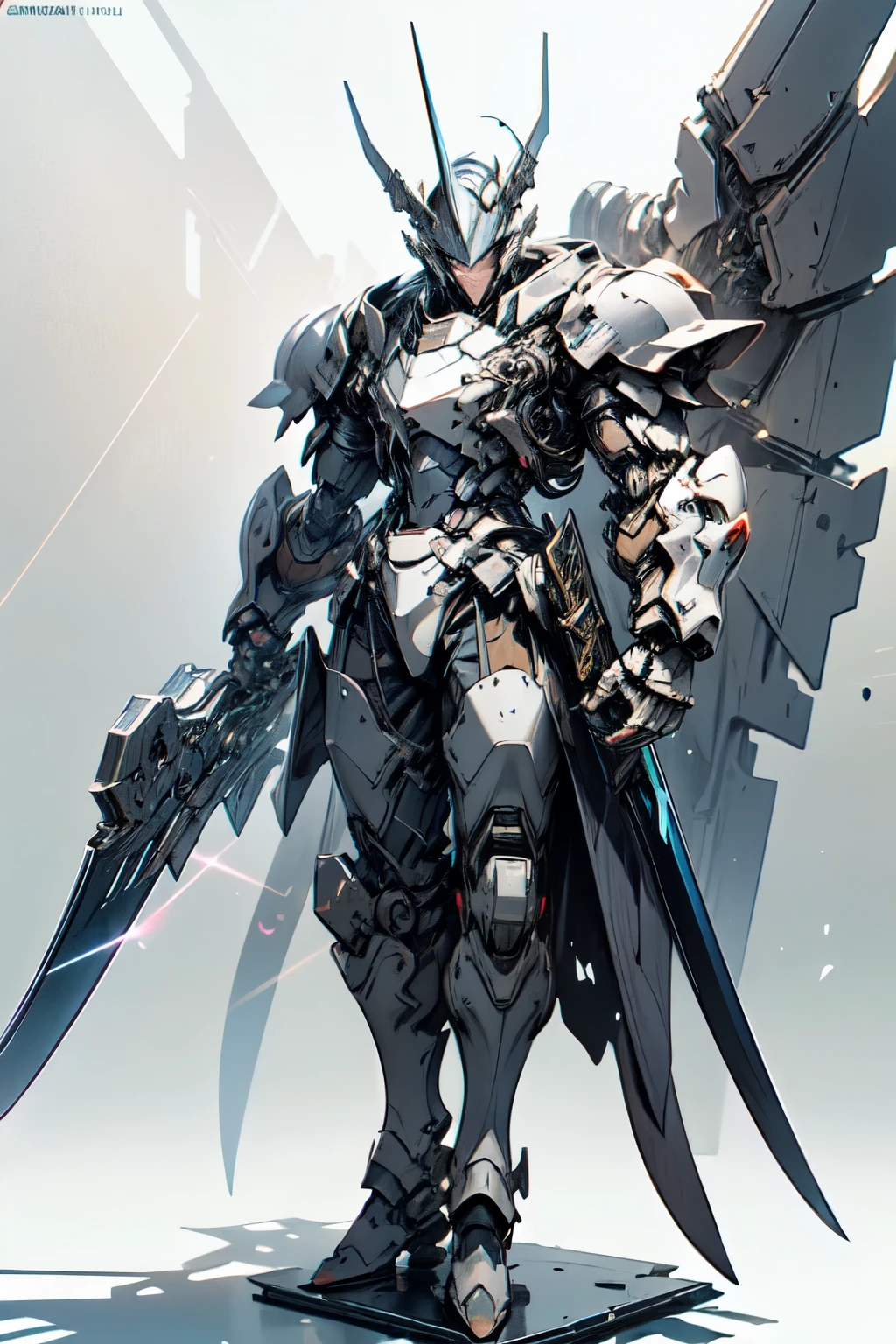 (masterpiece), (best quality), (super-detailed), (UHD), futuristic, Mecha space viking:1.41, (mecha viking:1.4) warrior, with (dual laser cutlasses:1.5), complex highly detailed armor, black, silver, and blue armor, horns), (standing straight:1.52), (legs slightly bent:1.3), (holding his swords out to his sides:1.51), (in front of an all-white background:1.4), epic anime concept art by Yoji Shinkawa and a hint of Jim Lee from the X-Men in the '90s.(ray tracing), (rule of thirds), HDR, UHD, polished gunmetal, textured, cinematic lighting, over-the-shoulder shot, medium wide lense, full body shot, (facing the viewer), sci-fi concept art, Unreal Engine 5, Blender