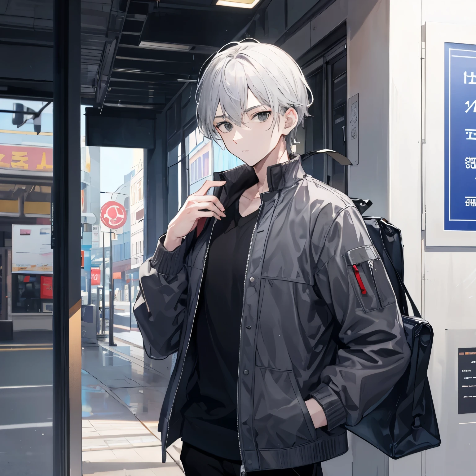 A young man is looking normal. He wears a gray jacket and a white undershirt. He has gray hair and black eyes. His hand was holding the bag on his back.