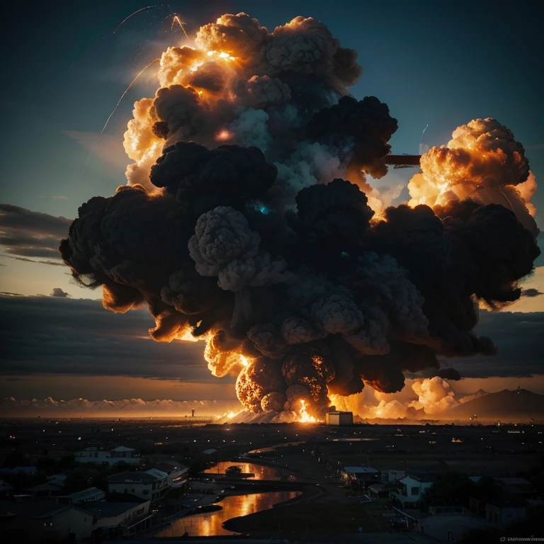 Describe a scene retracing the atomic bomb scenario in the explosive Second World War, where a huge explosion erupts with intensity. Detalhe as chamas ardentes, detritos voando, e a onda de choque distorcendo o ambiente circundante. Capture the grandeur and epic scale of the explosion, highlighting vibrant colors and dramatic contrasts between light and shadow. Convey the energy and urgency of the moment, immortalizing the scene in an image that evokes both the chaos and stunning beauty of an explosion