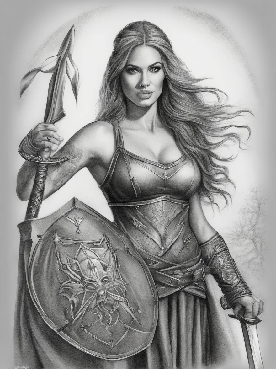 pencil sketch lineart beautiful nordic woman as barbaric warrioress, natural, crosshatching, pencil shading, shaded background, torn parchment, nordic symbols in background, concept art, land of war