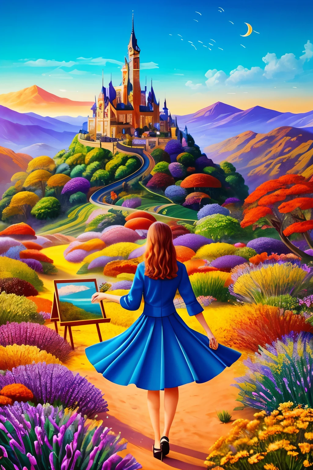 This is a captivating and colorful digital masterpiece. In the center of the scene stands a woman, profiled on the left side, intensely focused on her painting at an easel. The canvas before her seems to perfectly blend with the intricately designed and fantastical environment around it, presenting a landscape filled with a harmonious blend of colors and artistic patterns. The background and foreground are full of vibrant hues, with deep blue tones, purples, and bright oranges. Organic structures such as coral reefs, plants, flowers, and even sea anemones are imitated, but they are stylized in an abstract way.

The artist's brush strokes
