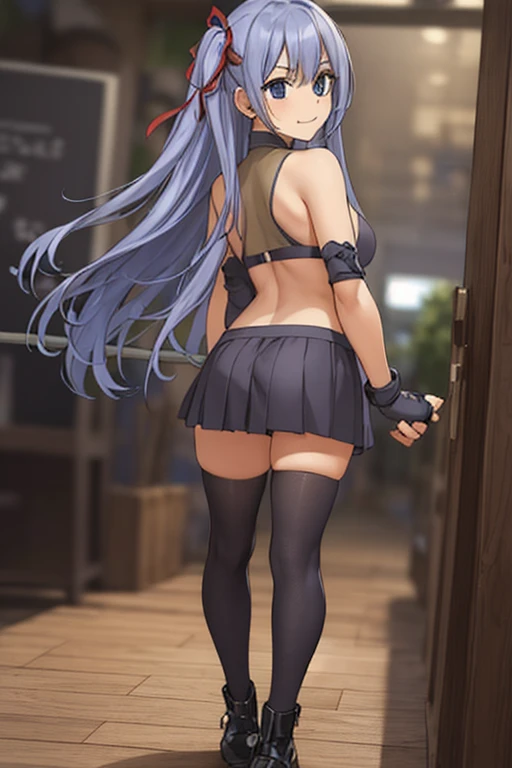 masterpiece, best quality,insanely detailed,ultra detailed,thighhighs, fingerless_gloves, blurry_foreground, gloves, 1 girl, 16 years old,long_hair, skirt, blurry_background, navel, zettai_ryouiki, solo, breasts, pleated_skirt, black_legwear, blue_hair, long_hair, (two_side_up:1.4),hair_ribbon, red_bow, ribbon, medium_breasts, miniskirt, bare_shoulders, sports_bra,full body,open stance,turtleneck,(back shot:1.7)
back view,pov