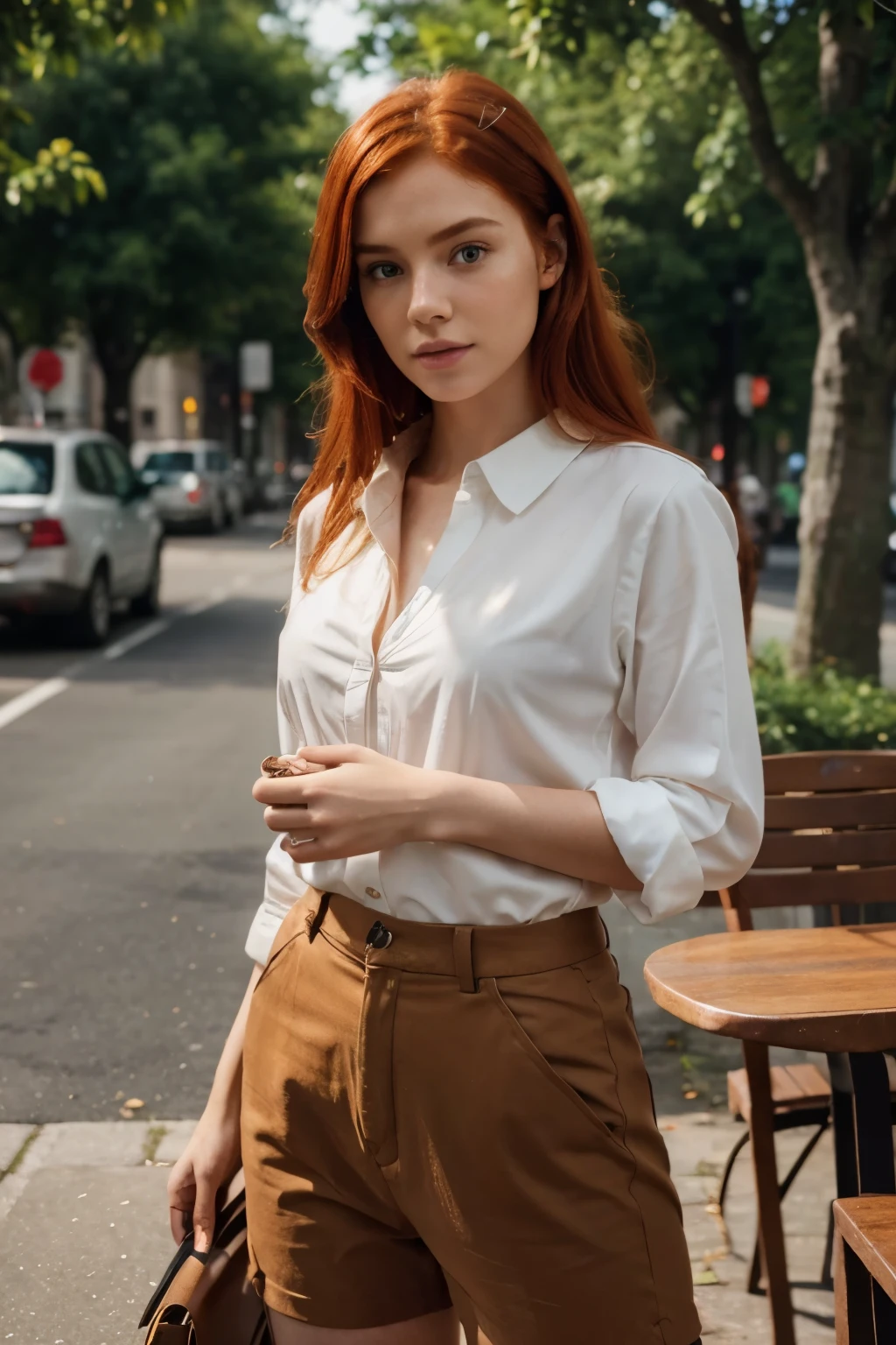 Realistic 4k photo of a redhair girl taken with iphone 15, ginger, interesting pose, high fashion clothes((high detailed)) ((best quality))