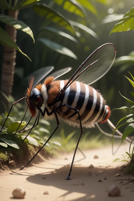 dynamic scene with a dengue mosquito with white stripes on its legs , con desenfoque de lente de alta velocidad