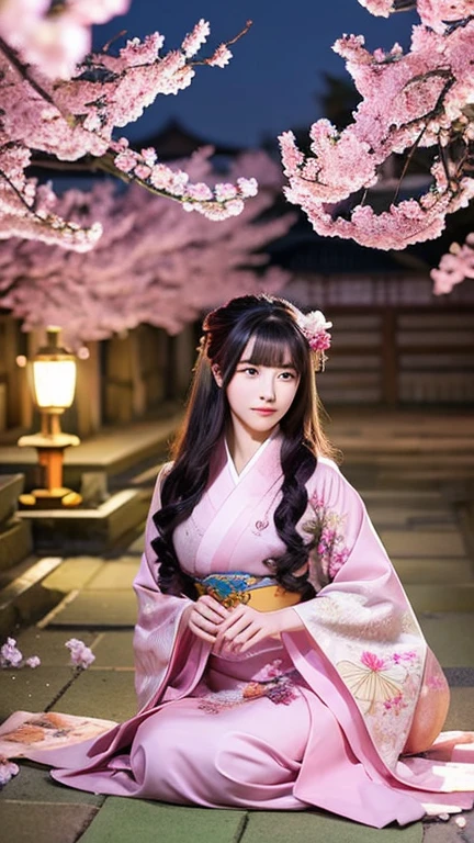 Generates a set of aesthetically pleasing anime characters against beautifully detailed backgrounds. the character should be young, elegant, And a mysterious woman with long flowing hair, Wearing a traditional kimono decorated with intricate floral patterns. She must have striking amethyst colored eyes and an air of grace. the background must be calm, A moonlit garden lined with cherry blossom trees, Throw delicate pink petals that gently fall to the ground. The scene should evoke a sense of tranquility and beauty.