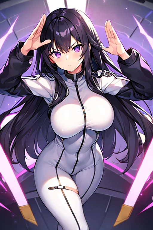 1girl, black hair, long hair, serious, salute, purple eyes, white bodysuit, bodysuit, large breasts, breasts, thick thighs, mature female, toned, ((toned)), futuristic, tech, science-fiction, machinery