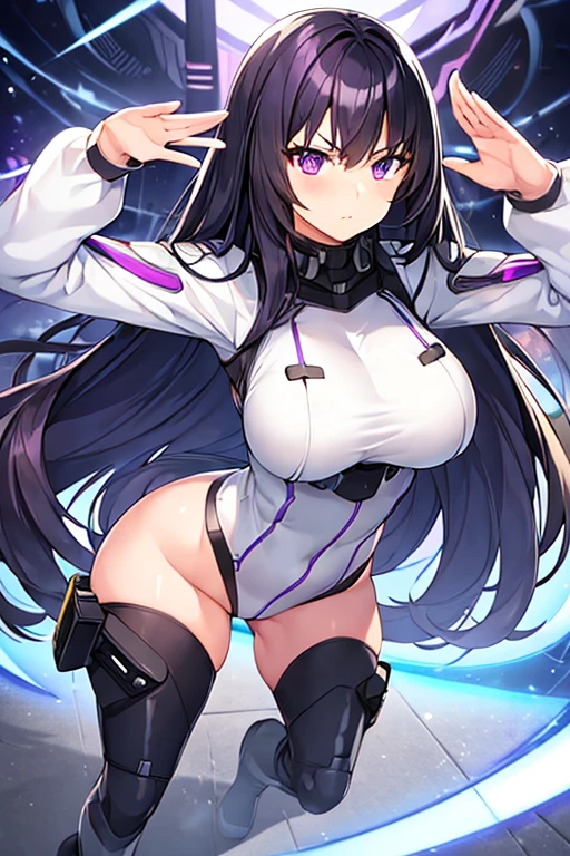 1girl, black hair, long hair, serious, salute, purple eyes, white bodysuit, bodysuit, large breasts, breasts, thick thighs, mature female, toned, ((toned)), futuristic, tech, science-fiction, machinery