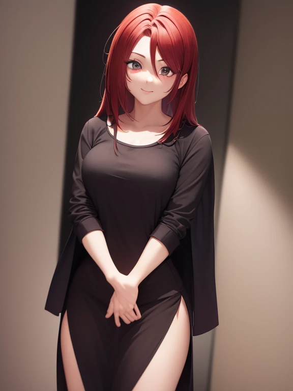 A girl with dark crimson red hair and maroon eyes with a black and red shirt that covers her whole torso and sweatpants and medium sized breasts smiling and a background with volcanoes and fire