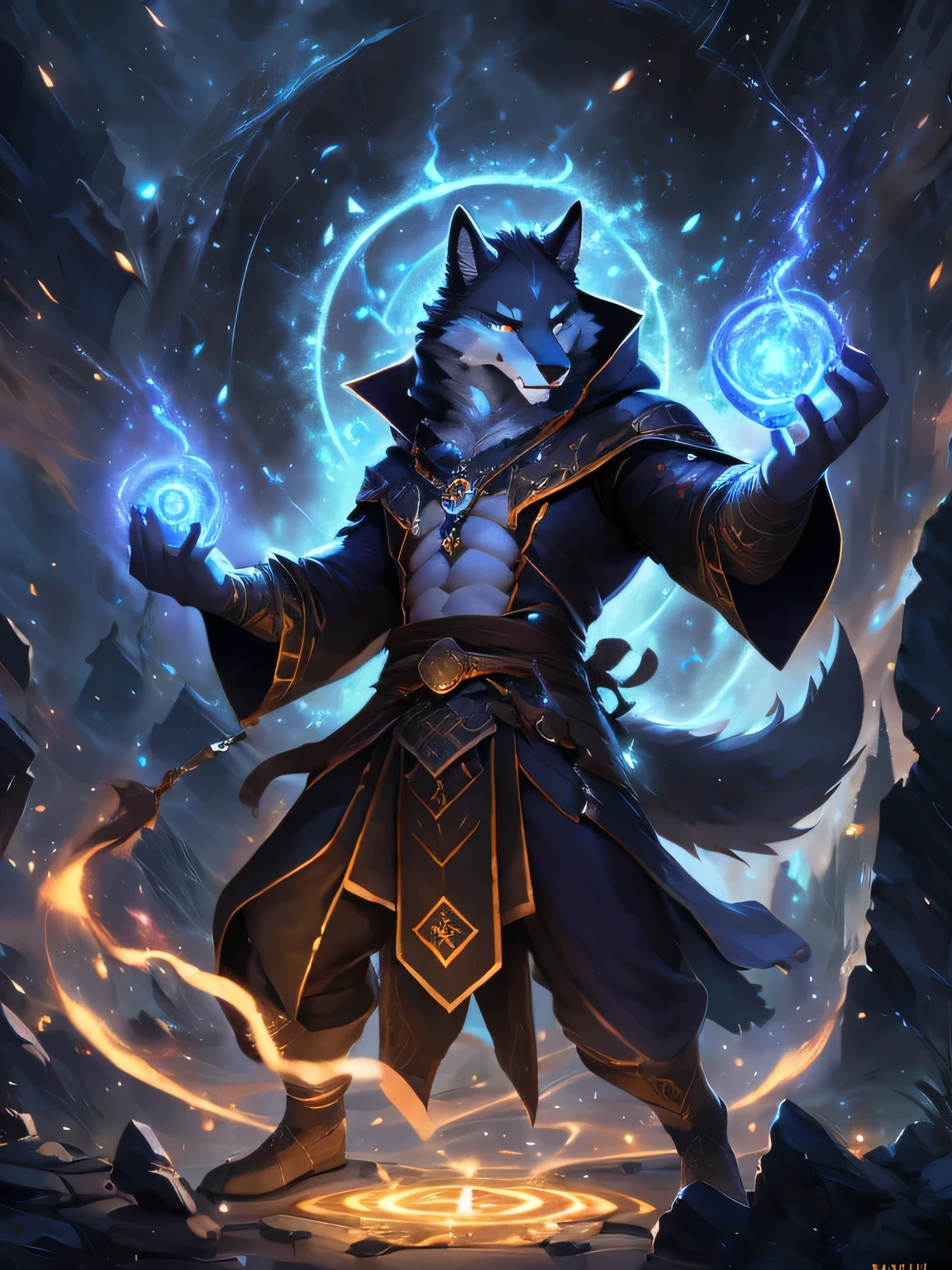 4K, ,8K, A High resolution, best qualitand, perfect color, perfect shade, perfect lighting, Posted by e621, (band Chunie, band canandne khai, band t.and.old), male, furrand, werewolf, (wolf tail), alone, Yellow eandes, (Realistic eande details 1.2), witch costume, magic in hand, magic circle, witchcraft, Lightning magic,summon storm, magic energand, (masterpiece, best qualitand:1.4),(ridiculous, High resolution, super detailed:1.2),(Use black magic:1.4), Full bodand, slim bodand, abdominal muscles, muscular, struggle pose, struggle, fighting, fighting magic spell, panoramic, dramatic lighting, Soft and light, daand, highland detail, (Detailed eandes), perfect student, detail eandes, detail fluffand fur, (seductive face:1.2), (correct anatomand:1.2), fit bodand, fit bodand, perfect male figure, fine fur, Detailed face, perfect face, Detailed background, (complicated), (Super details), (Ultra-clear), (Best Qualitand)