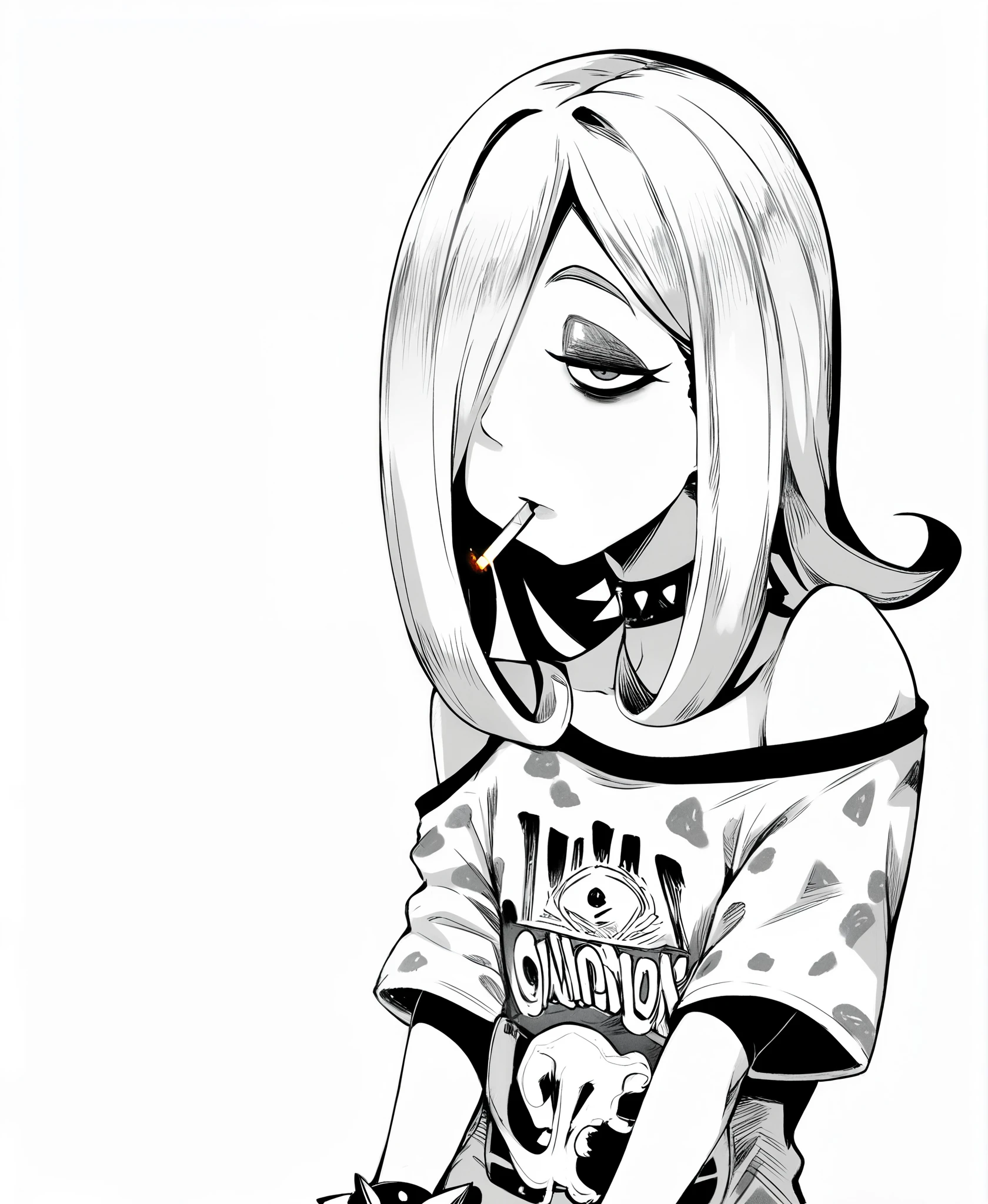 score_9, score_8_up, score_7_up, score_6_up, geewhy_style , monochrome, greyscale  BREAK
1girl, sucy manbavaran, solo, long hair, shirt,bare shoulders, jewelry, choker, off shoulder, nail polish, hair over one eye, collar, bracelet, makeup, casual, t-shirt, black nails, spikes, eyeshadow, holding cigarette, off-shoulder shirt, bags under eyes, print shirt, spiked bracelet,  simple background, white background, 
