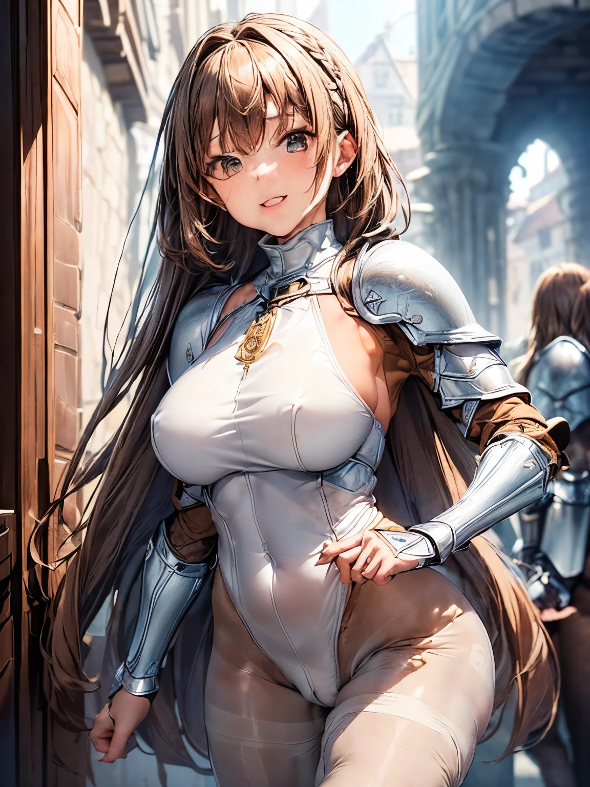 highest quality、complete limbs、Beautiful woman、solo、((brown haired woman:1.4))、((A woman with a tied hairstyle))、big breasted woman:1.3、female knight、(((A woman wearing a white long-sleeved high-neck leotard:1.3)))、(((woman wearing brown pantyhose:1.3)))、(((woman with full armor:1.5)))、smile、castle town