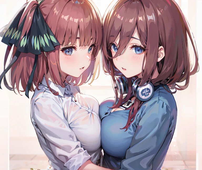 anime - style picture of two girls with headphones on, two beautiful chicas anime, chicas anime, kantai collection style, WLOP y Sakimichan, Detalles finos. chicas de primera linea, anime moe art style, arte cg anime suave, from chicas de primera linea, [ arte digital 4k ]!!, estilo anime 4k, two girls, dos colas