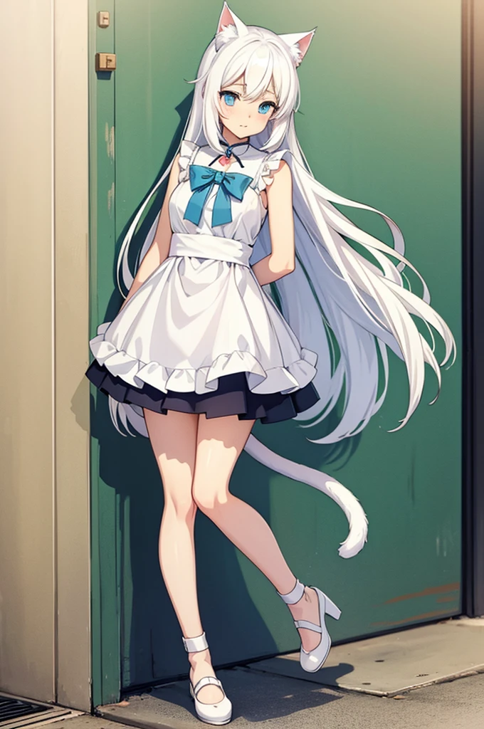 An cute and shy short anime style white haired cat girl with blue eyes and long hair, tail, cute clothes, cat ears (full body)