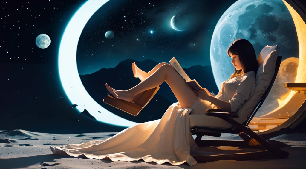 Woman sitting on a chair and reading a book among the moon, floating near the planet, Astronauts relaxing in space, Sitting on the moon, dreamy illustration, dream of space, powerful woman sitting in space, Human sleeping in a healing pod, floating in space, Inspired by Cyril Rolland, calm night. digital illustration, space girl, 3 illustrations