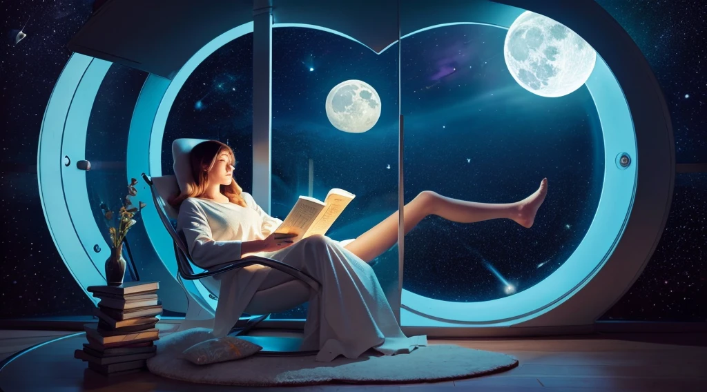 Woman sitting on a chair and reading a book among the moon, floating near the planet, Astronauts relaxing in space, Sitting on the moon, dreamy illustration, dream of space, powerful woman sitting in space, Human sleeping in a healing pod, floating in space, Inspired by Cyril Rolland, calm night. digital illustration, space girl, 3 illustrations