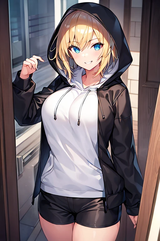 ((masterpiece, best quality;1.3)), ultra detailed, 8k unity wallpapers, CG, ray tracing, illustration, colorful, cinematic shadow, extremely detailed and beautiful background,vhd, shadering VRay,RT, 1girl, age, petite, loliush, solo, blue eyes, (blush), (blonde hair), (medium hair), (large breasts), slim waist, white glowing skin, highly detailed beautiful face, beautiful face, beautiful eyes, (talented Lo-Fi:1.3), sexy, lewd, (hoodie), bottomless, panties, hotel, (close-up), glowing, glowing light, ultra detailed, scenic, atmospheric