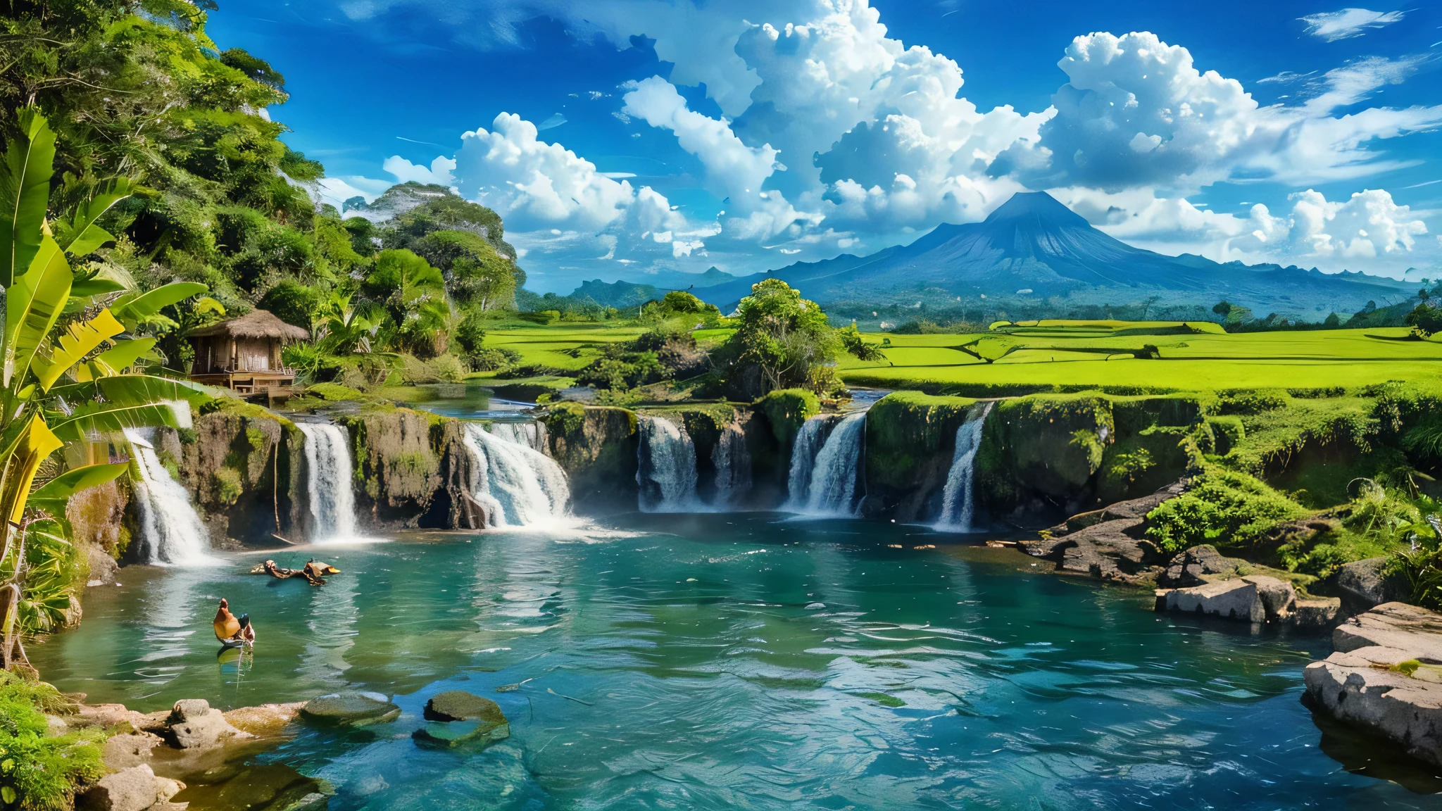 The waterfall flows from between two short cliffs and falls into a clear poolwith clear water and a few natural rocks, there is a small hut, surrounded by tropical forest plants such as shady Wood trees, banana trees, a deer is drinking.with a distant backdrop of volcanoes and vast rice fields thick with rice plants, blue sky, bright white clouds, realistic photography.