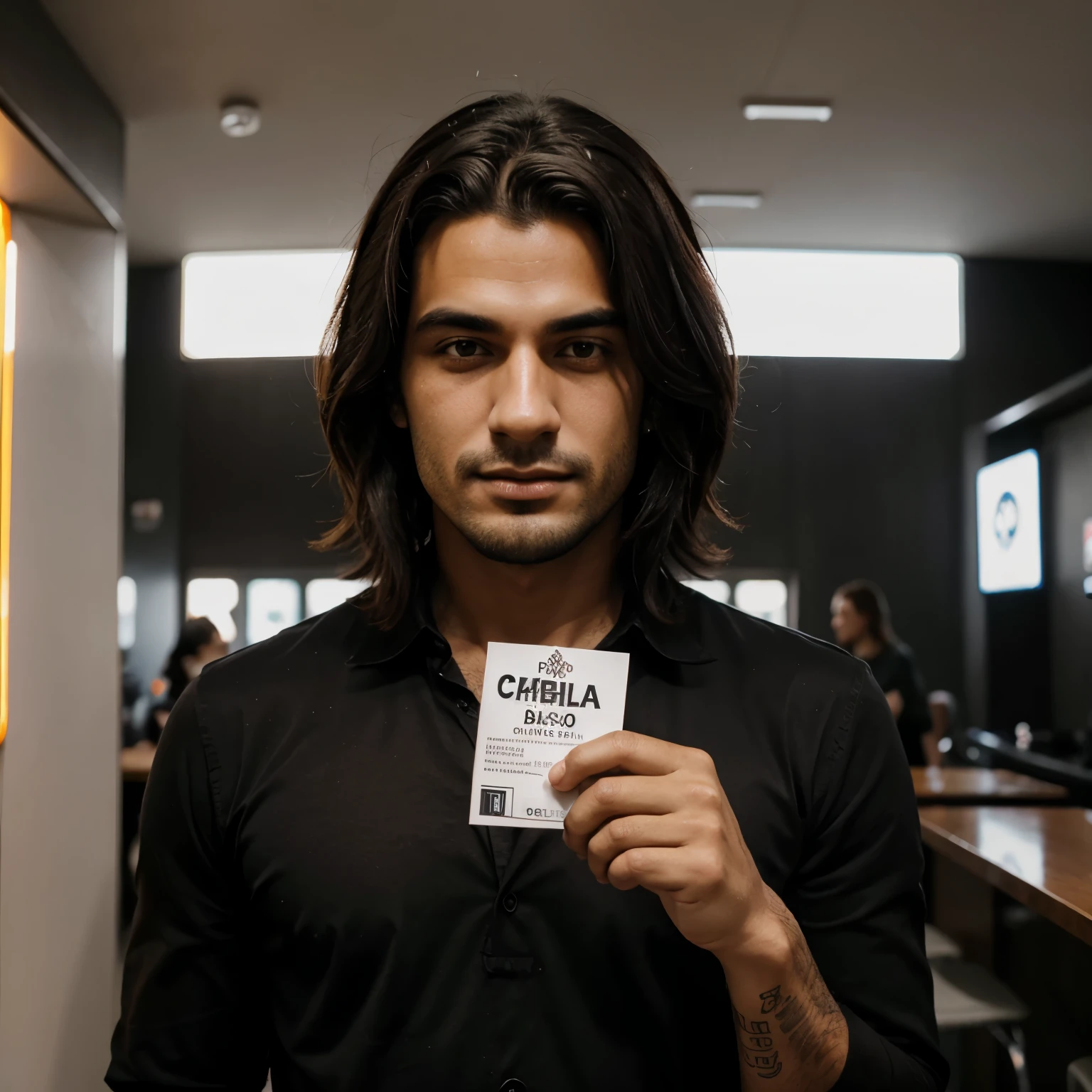 Cabelo preto, homem, with tickets in hand, realista , com rosto preocupado