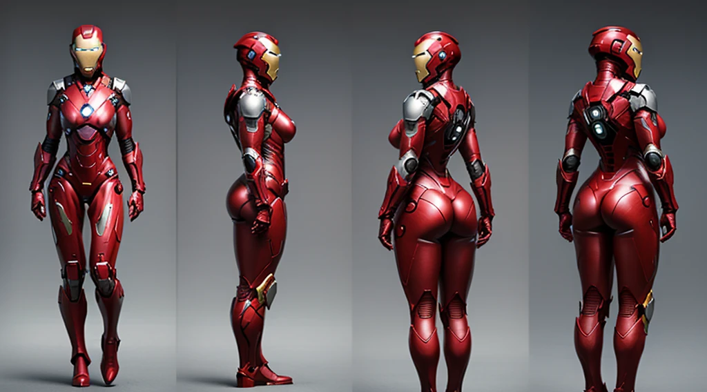 1girl, beautiful_girl,standing,big_nice_breast,nice_ass,grey_background, Ironman_armor,lips,bodysuit,multiple_views, Ironman_helmet,arms_at_sides,power_armor,concept_art