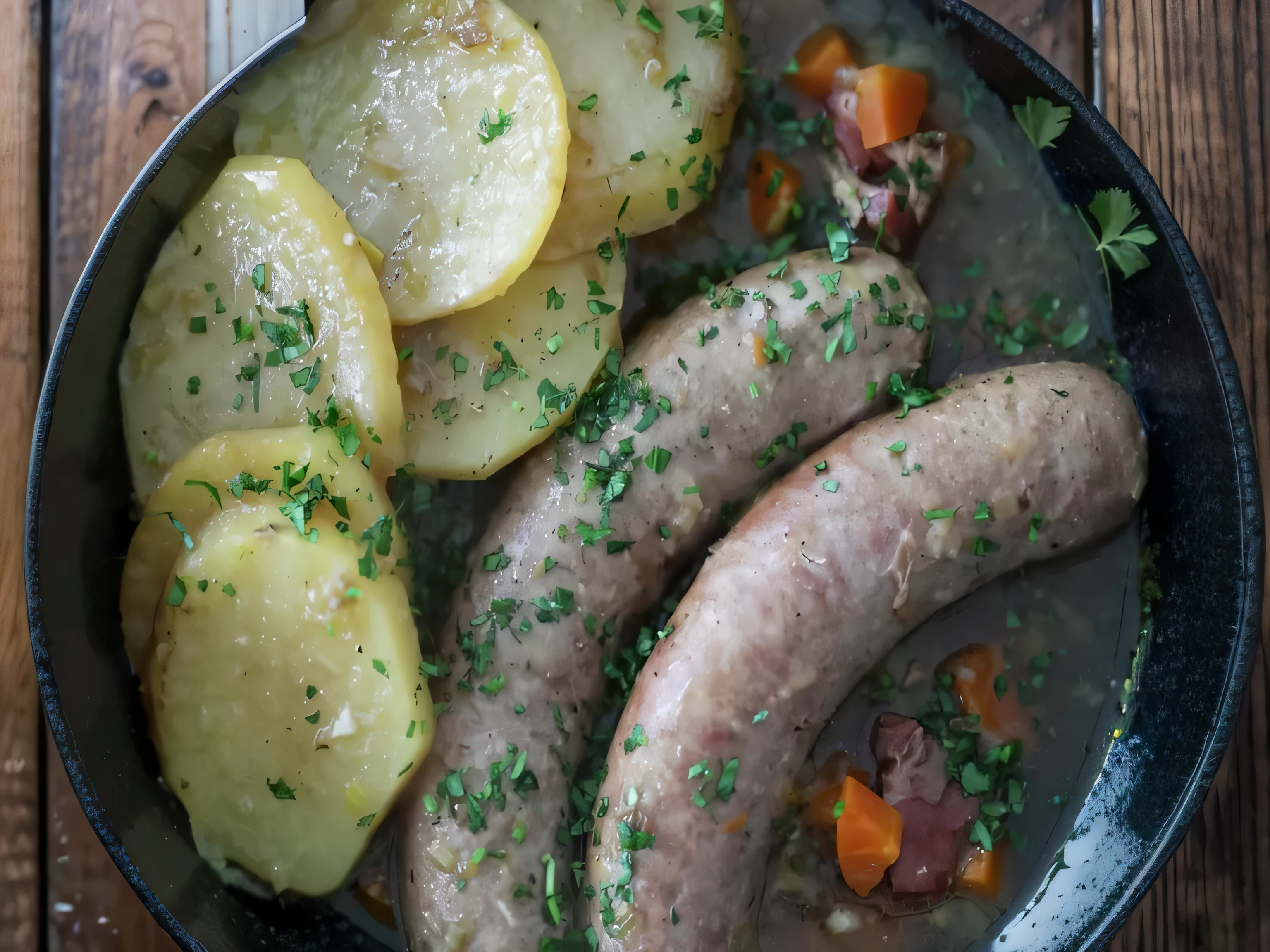 there are two sausages and potatoes in a bowl of soup, sausages, inspired by Géza Dósa, inspired by Károly Horseshoe, polish food, inspired by János Donát, sausage, inspired by Eugène Boudin, by Werner Gutzeit, easy, chorizo sausage, inspired by Jan Kupecký